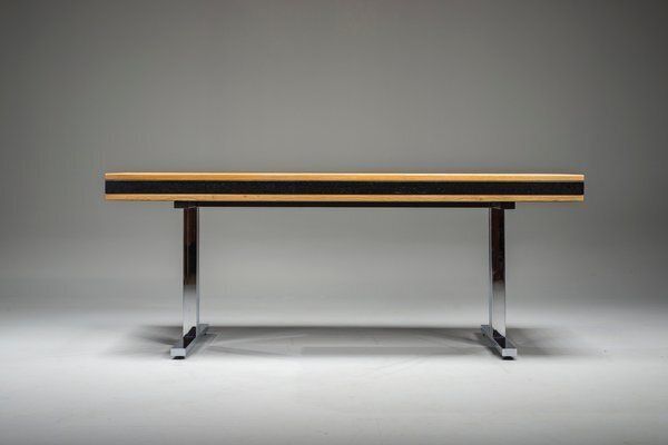 Mid Century Modern Oak And Chrome Desk With Leather Top, 1980s photo Furniture
