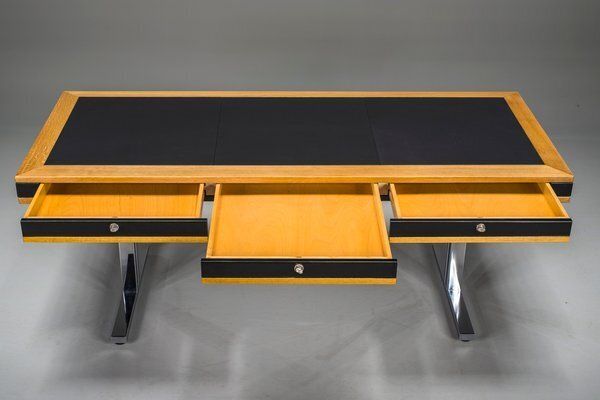 photo for sale Mid Century Modern Oak And Chrome Desk With Leather Top, 1980s