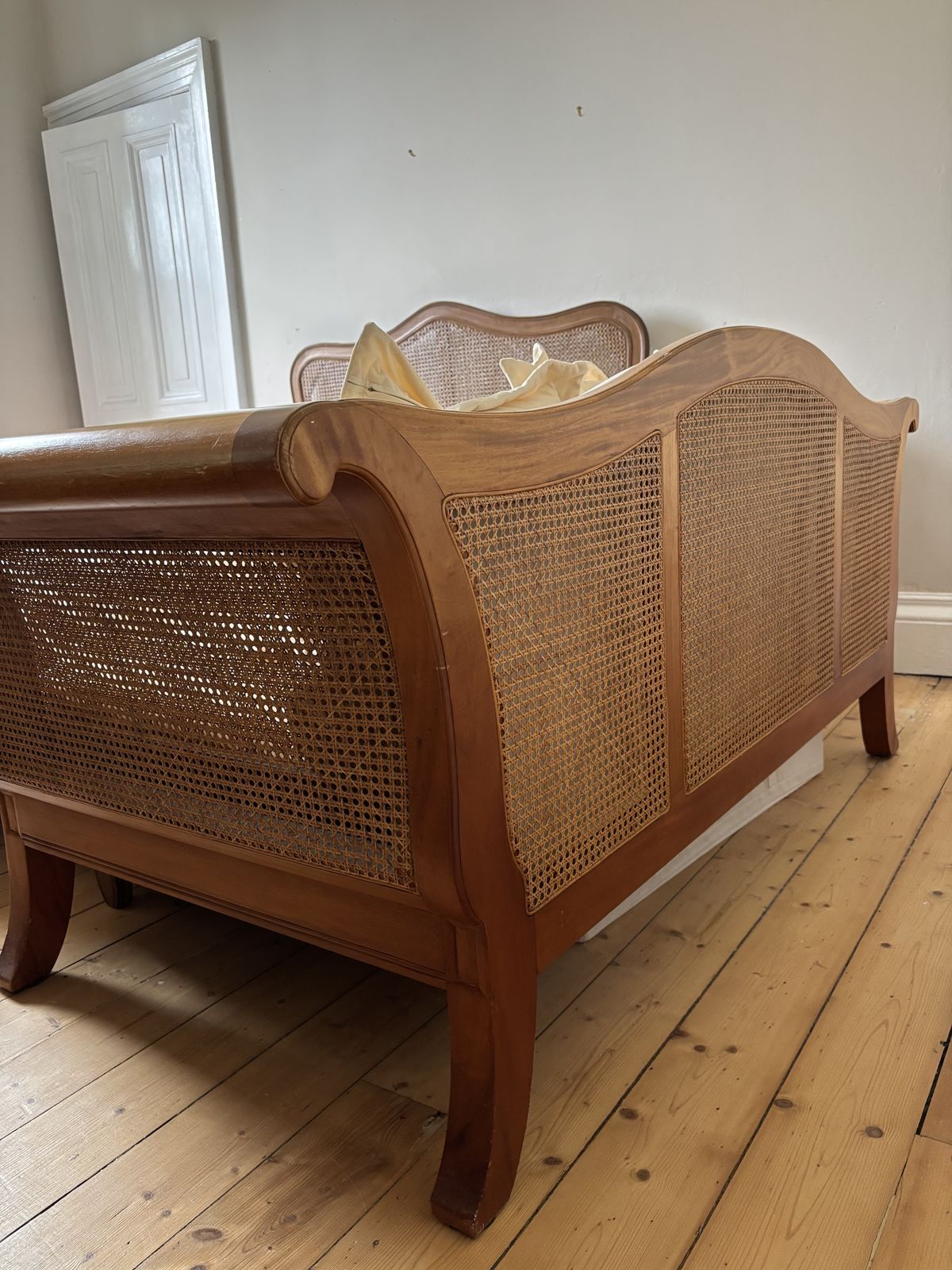 Rattan Antique Style Mahogany Sofa With Cream Velvet Upholstery photo for sale