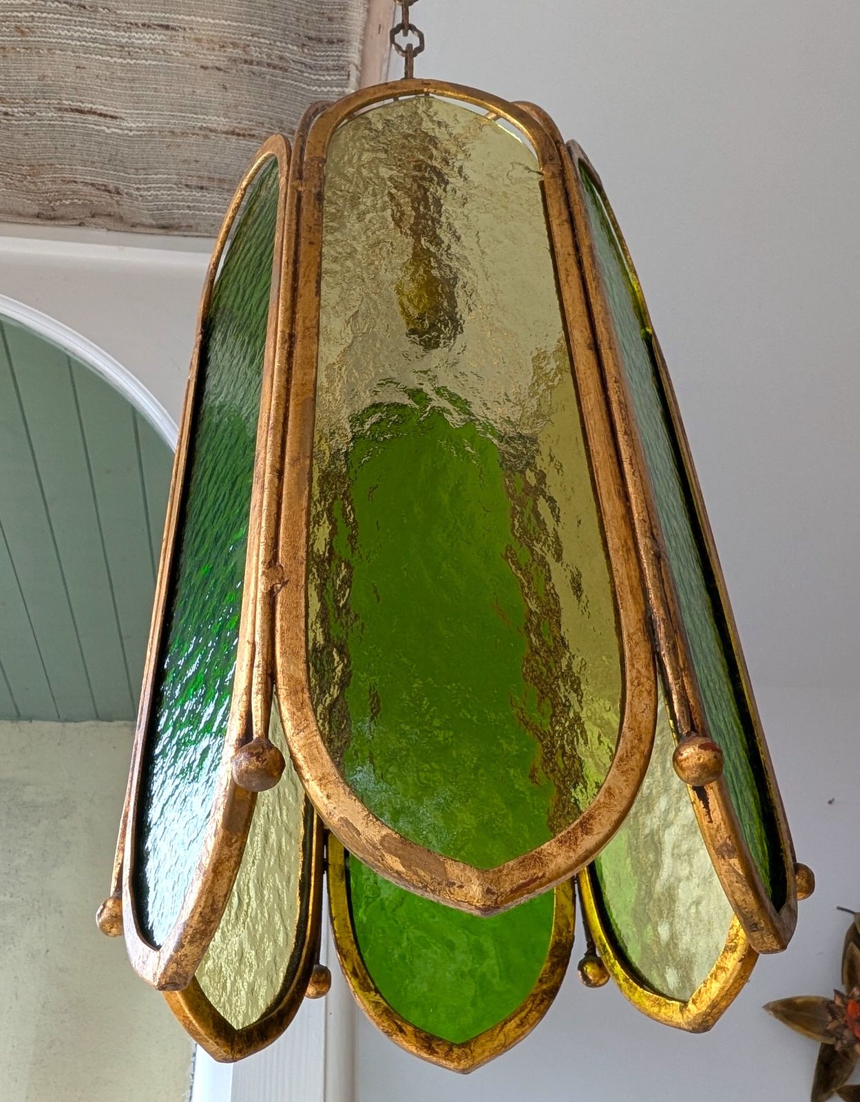 Mid Century Vintage Green Glass & Gilt Iron Pendant Light, USA 1960s photo vintage