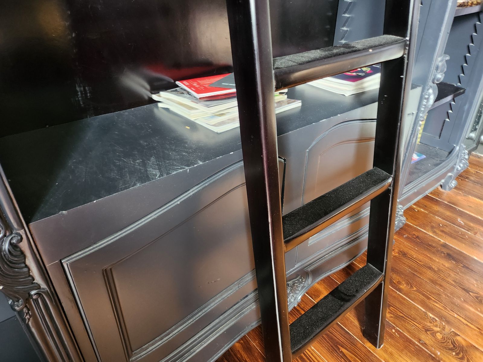 Black French Mahogany Bookcase With Ladder photo furniture