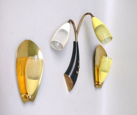 Brass, Yellow, Beige And Black Wall Lamp Set From Gebrüder Cosack, 1950s, Set Of 8 photo buy