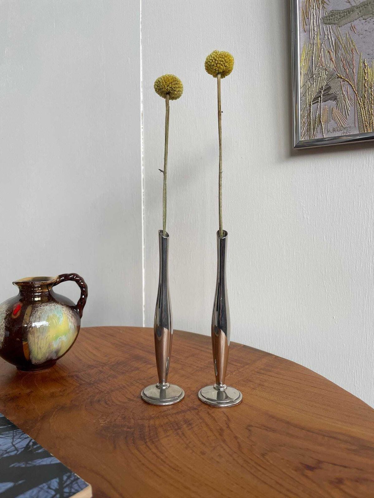 Pair Of Small Slim Single Stem Art Deco Soliflore Metal Vases photo furniture
