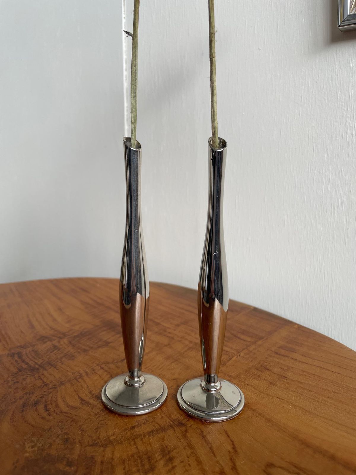 Pair Of Small Slim Single Stem Art Deco Soliflore Metal Vases photo Home Decor