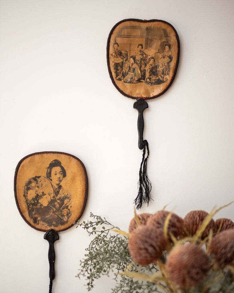 Antique Japanese Lacquered Geisha Girl Fan / Wall Art photo furniture