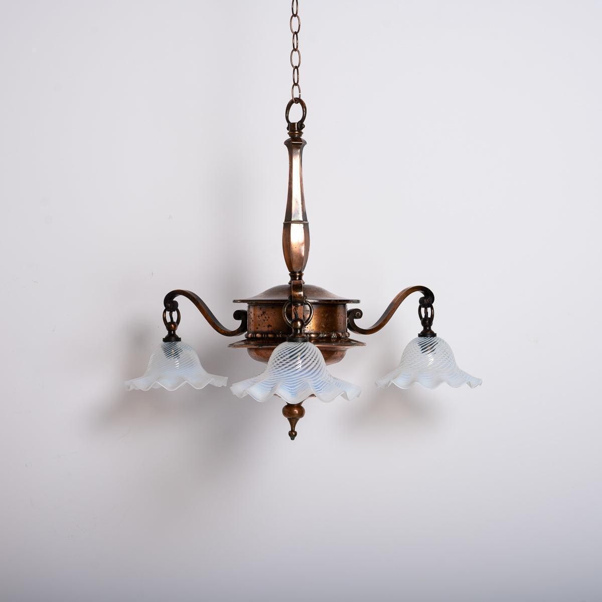 Large Copper Three Branch Chandelier With Jelly Opalescent Glass Shades By Gec