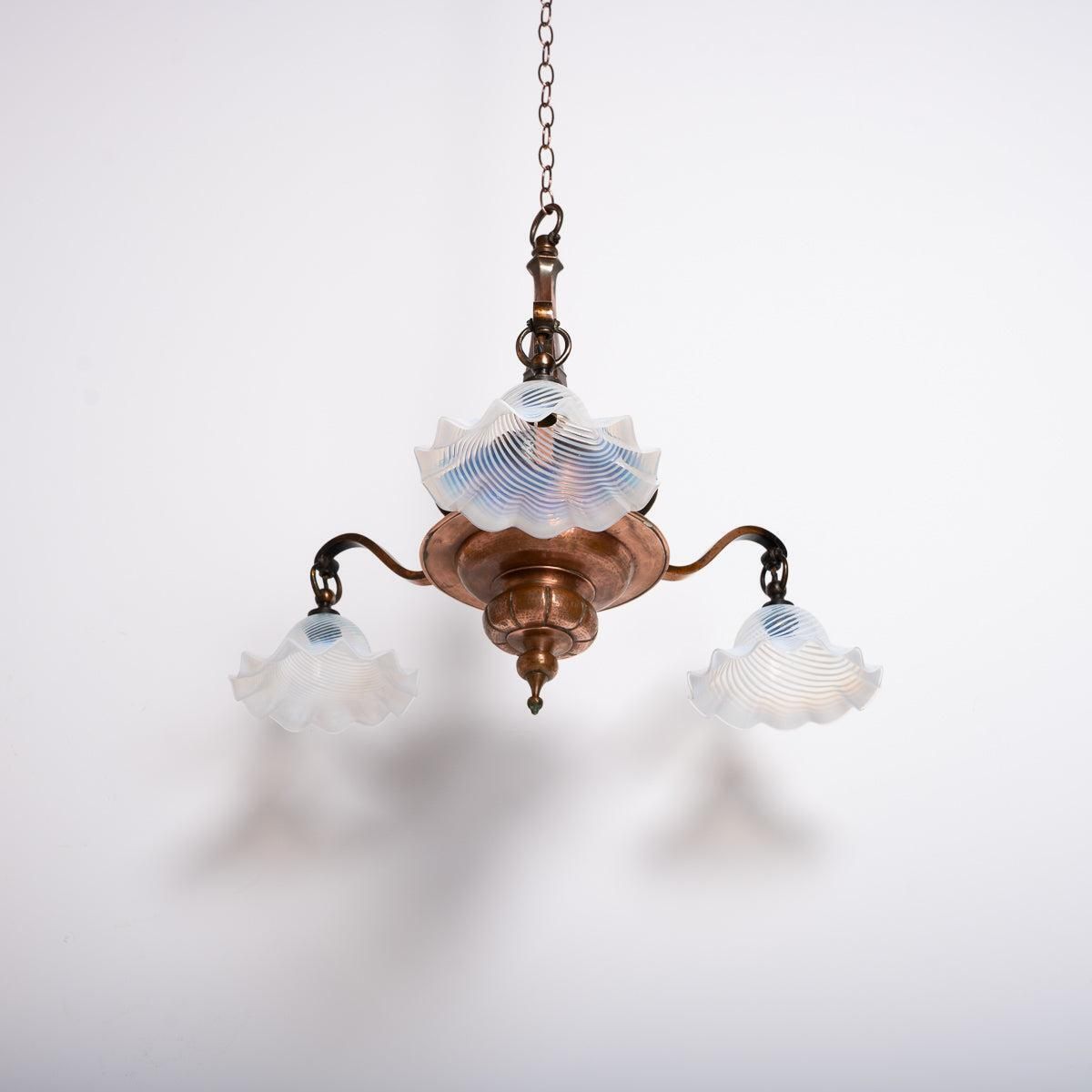 Large Copper Three Branch Chandelier With Jelly Opalescent Glass Shades By Gec photo buy