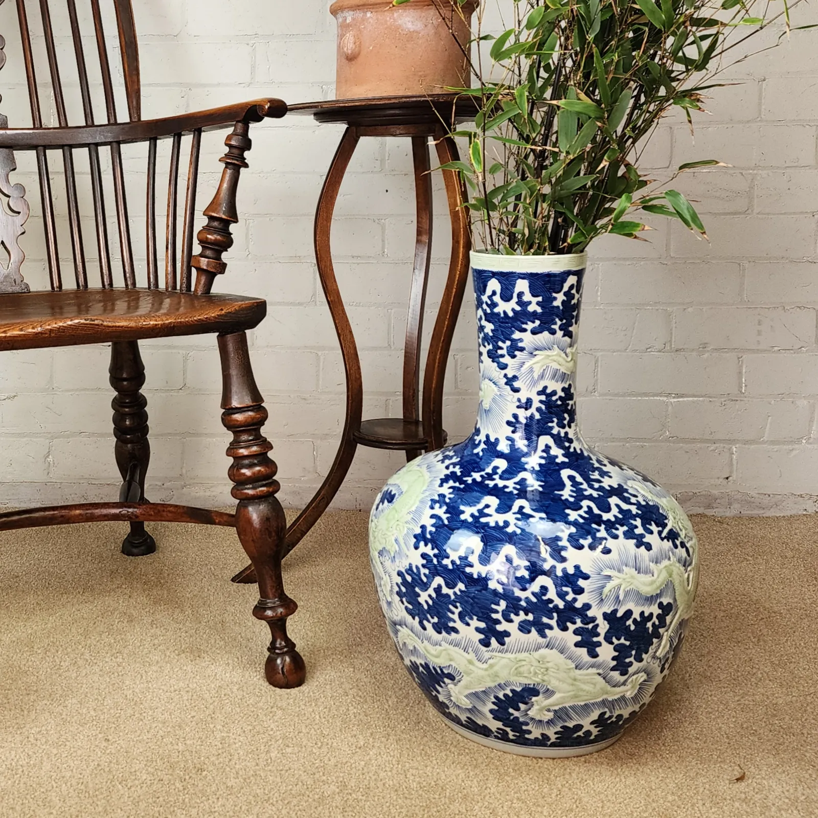 Late Qing Dynasty Chinese Blue And White Temple Vase