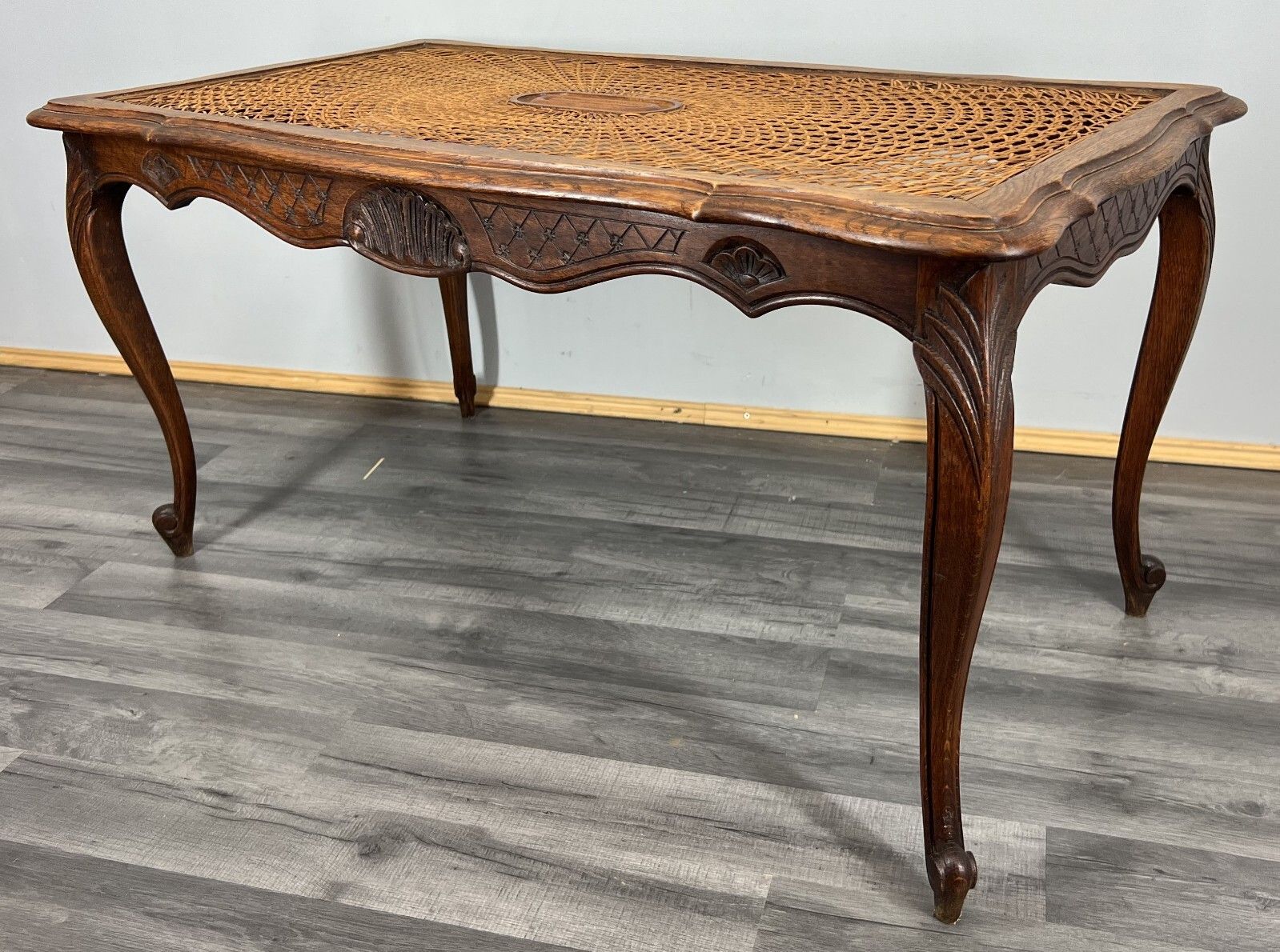 Coffee Table Vintage French Oak Louis  Cane Top Carved Legs  – Lot 3861 photo vinterior