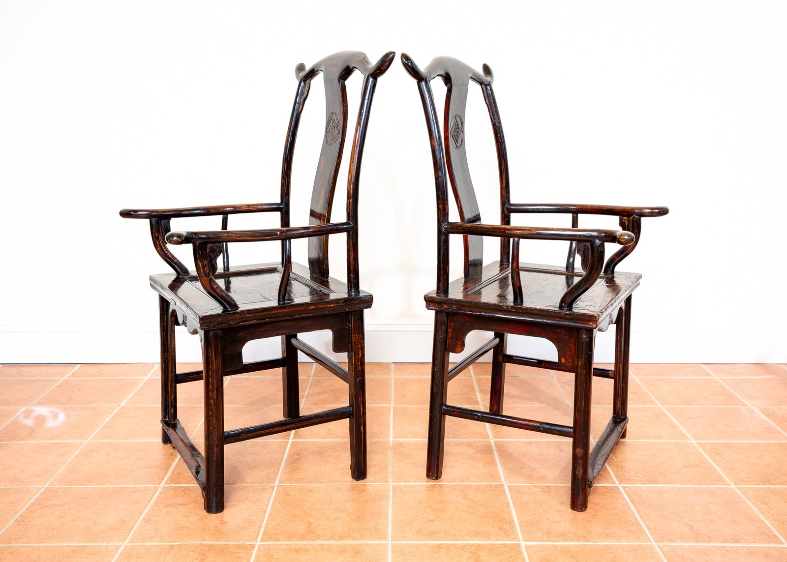 Antique Chinese Armchairs Pair Official Hat Yoke Back Lacquered Red 19th Century Carved Swastika Motifs Ming Qing Orienta.L Hall Chairs Country House photo vintage