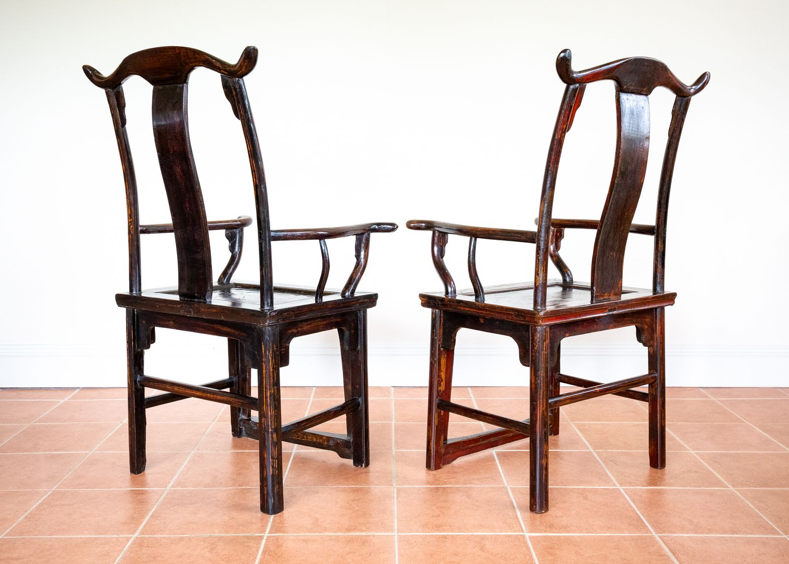 Antique Chinese Armchairs Pair Official Hat Yoke Back Lacquered Red 19th Century Carved Swastika Motifs Ming Qing Orienta.L Hall Chairs Country House photo Furniture