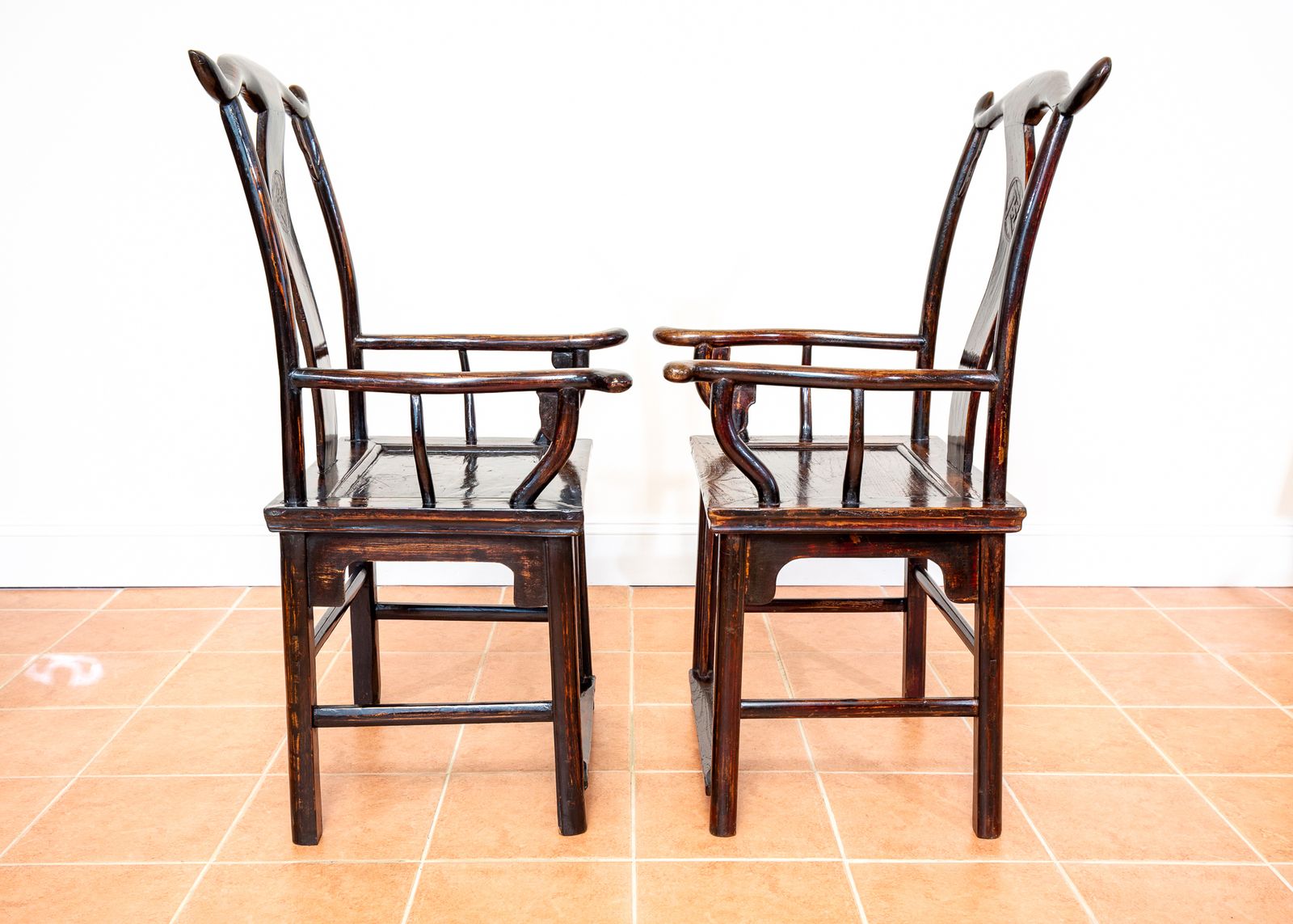 photo for sale Antique Chinese Armchairs Pair Official Hat Yoke Back Lacquered Red 19th Century Carved Swastika Motifs Ming Qing Orienta.L Hall Chairs Country House