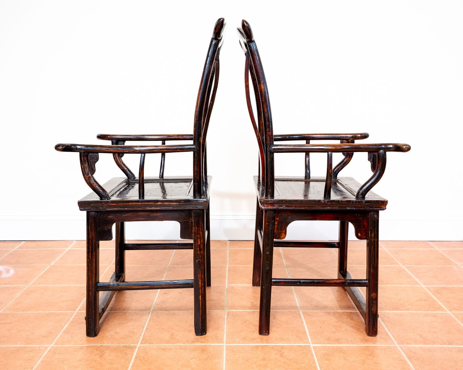 Antique Chinese Armchairs Pair Official Hat Yoke Back Lacquered Red 19th Century Carved Swastika Motifs Ming Qing Orienta.L Hall Chairs Country House photo buy