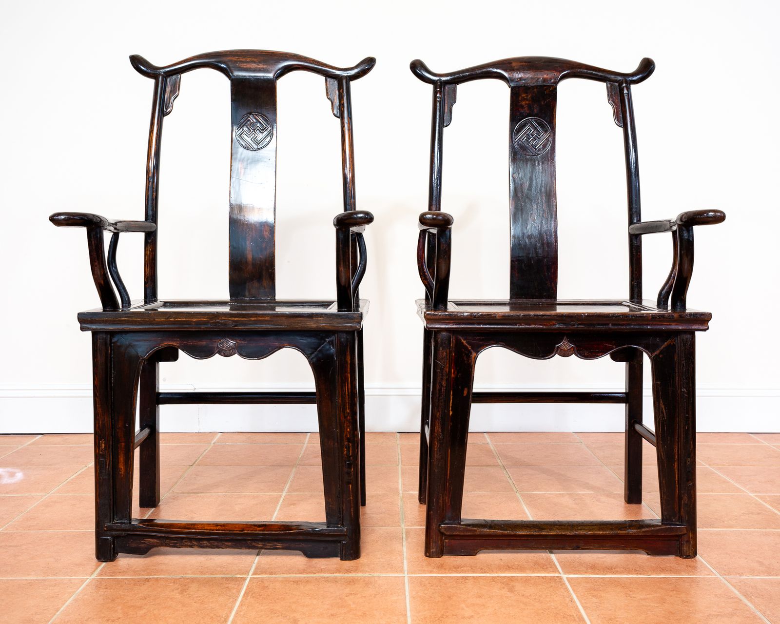 Antique Chinese Armchairs Pair Official Hat Yoke Back Lacquered Red 19th Century Carved Swastika Motifs Ming Qing Orienta.L Hall Chairs Country House