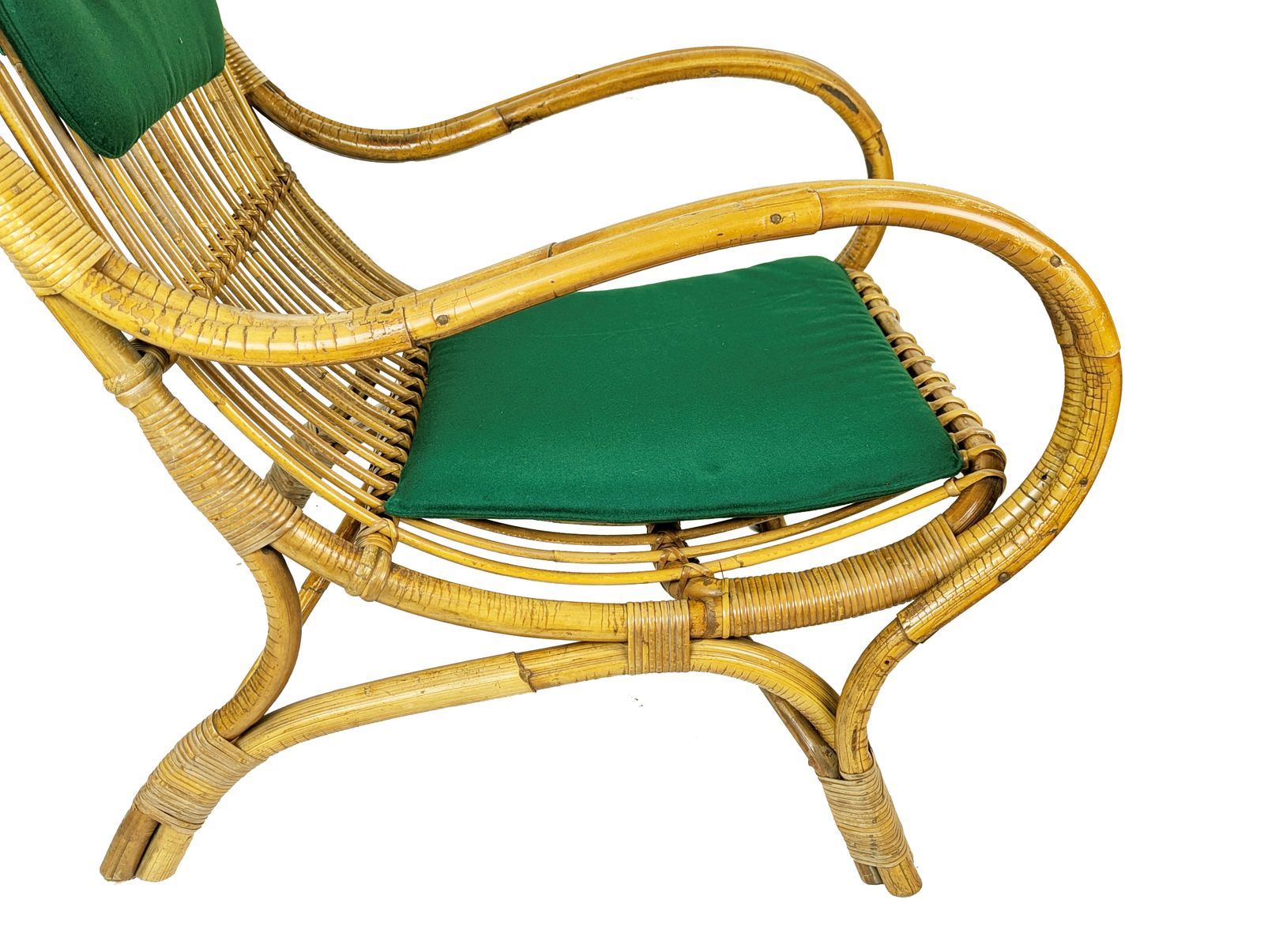 Mid Century Italian Armchairs In Rattan, Rush & Green Fabric, 1960s photo for sale