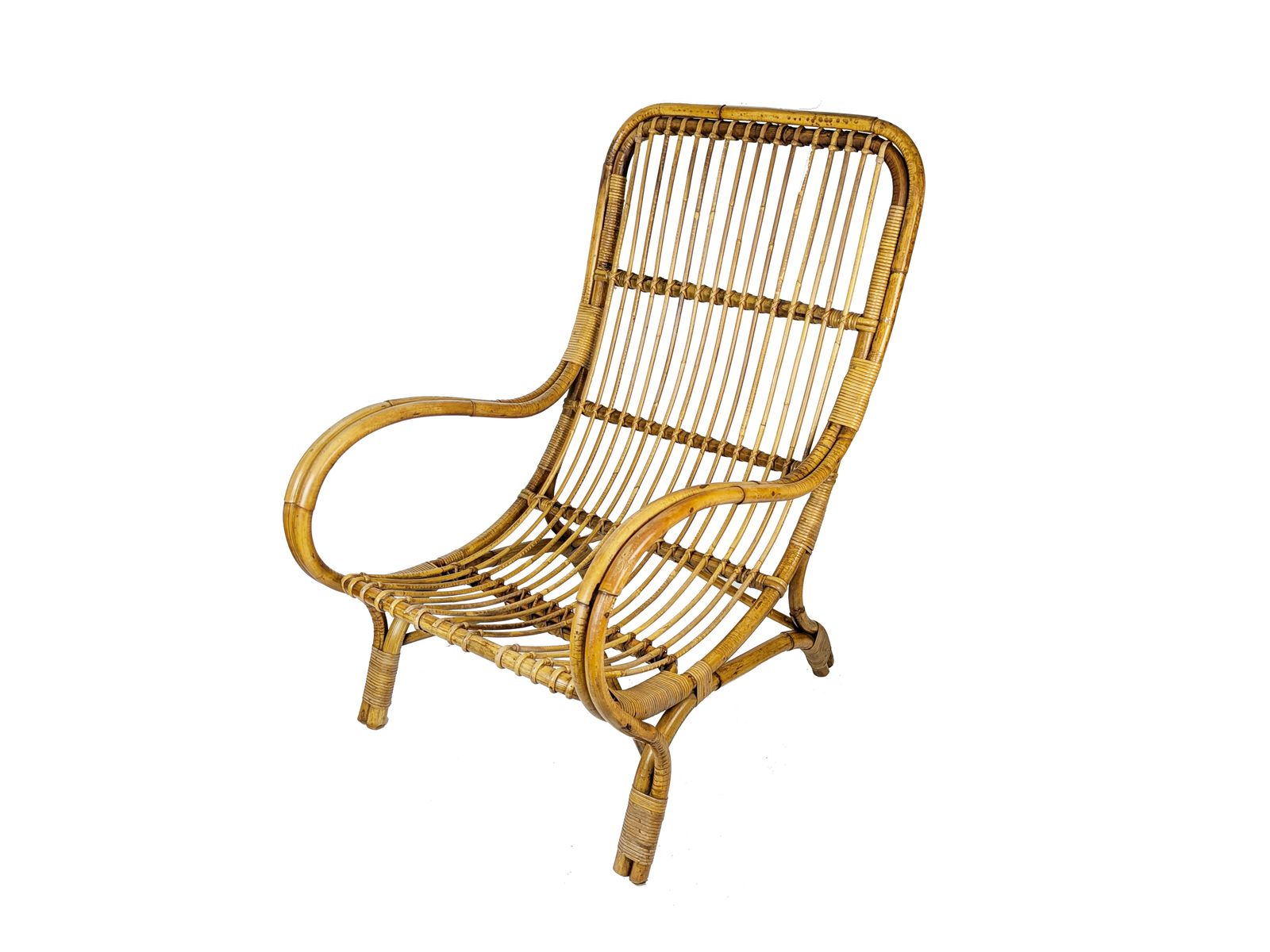 photo furniture Mid Century Italian Armchairs In Rattan, Rush & Green Fabric, 1960s