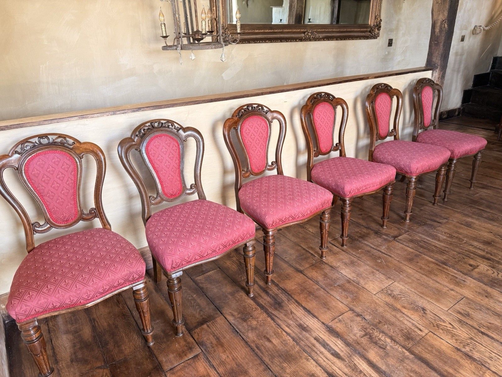 Original English Antique Oak Victorian Matching Dining Pink Chairs Set Of 6 photo vinterior