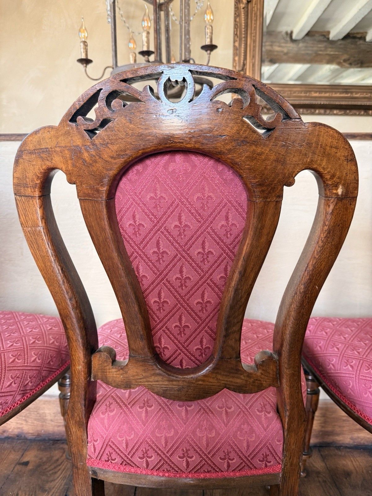 Original English Antique Oak Victorian Matching Dining Pink Chairs Set Of 6 photo vintage