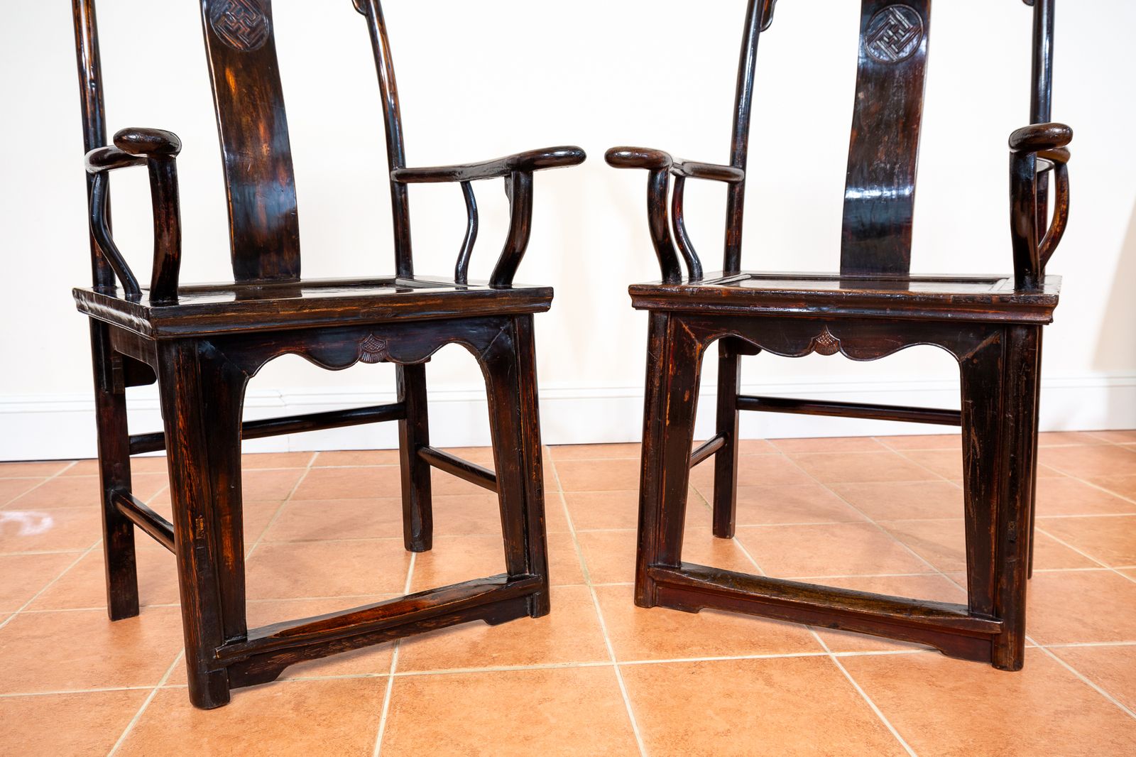 Furniture Antique Chinese Armchairs Pair Official Hat Yoke Back Lacquered Red 19th Century Carved Swastika Motifs Ming Qing Orienta.L Hall Chairs Country House photo