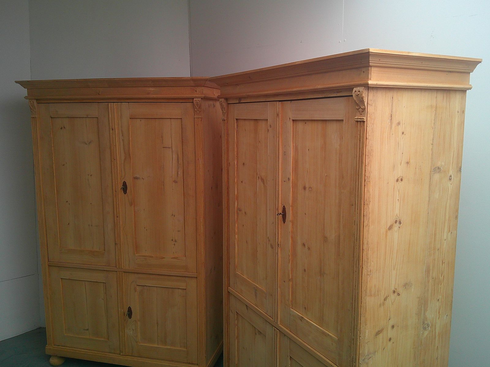 A Cracking Pair Of Antique Pine Kitchen /Linen Cupboards To Wax/Paint photo vintage