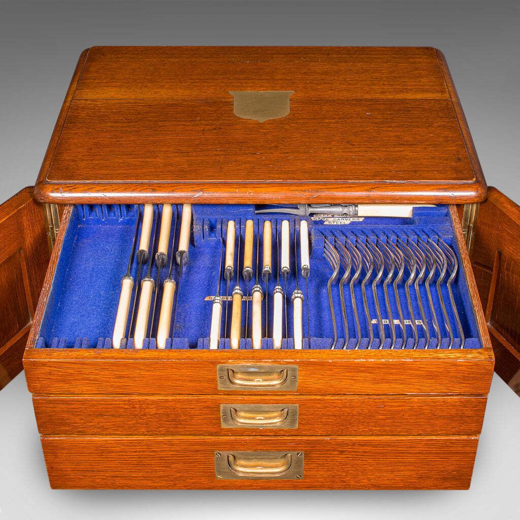 Antique Cutlery Canteen, English, Oak, Flatware Chest, Walker & Hall, Edwardian photo furniture