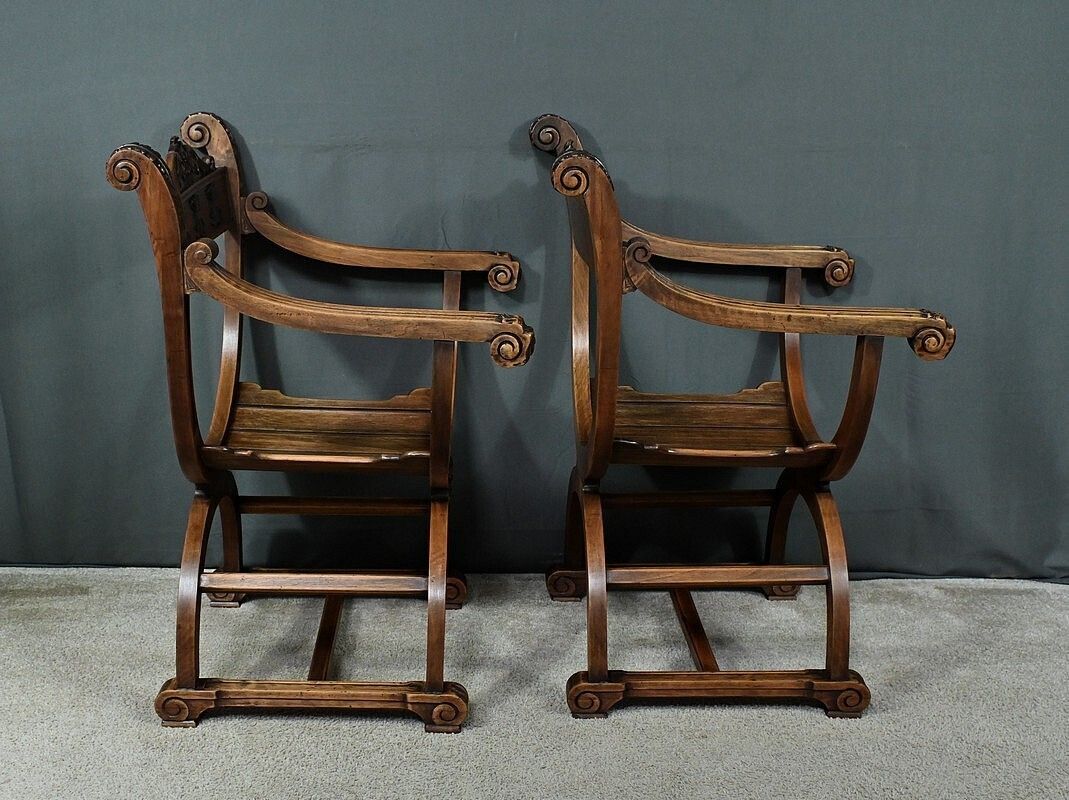 photo buy Pair Of Dagobert Walnut Armchairs, Medieval Style – Late 19th Century