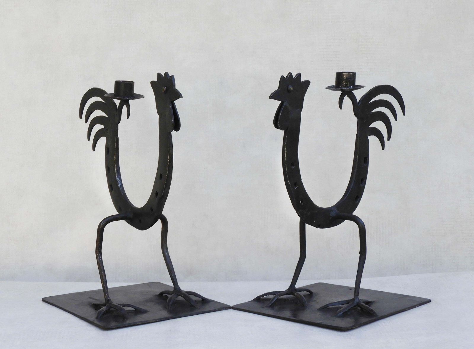 Pair Of French Midcentury Folk Art Ironcockerel/Rooster Candlesticks C1970s photo furniture