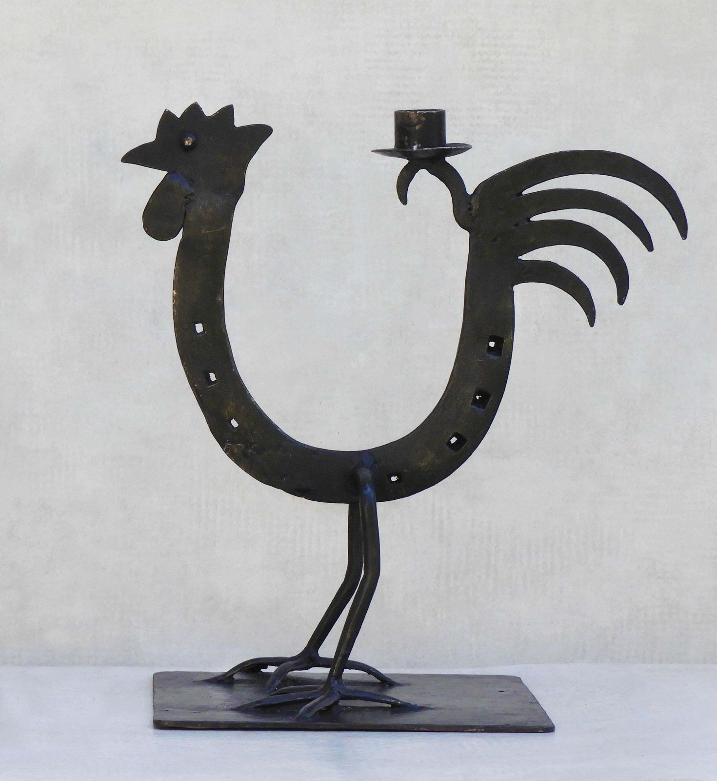 Home Decor Pair Of French Midcentury Folk Art Ironcockerel/Rooster Candlesticks C1970s photo