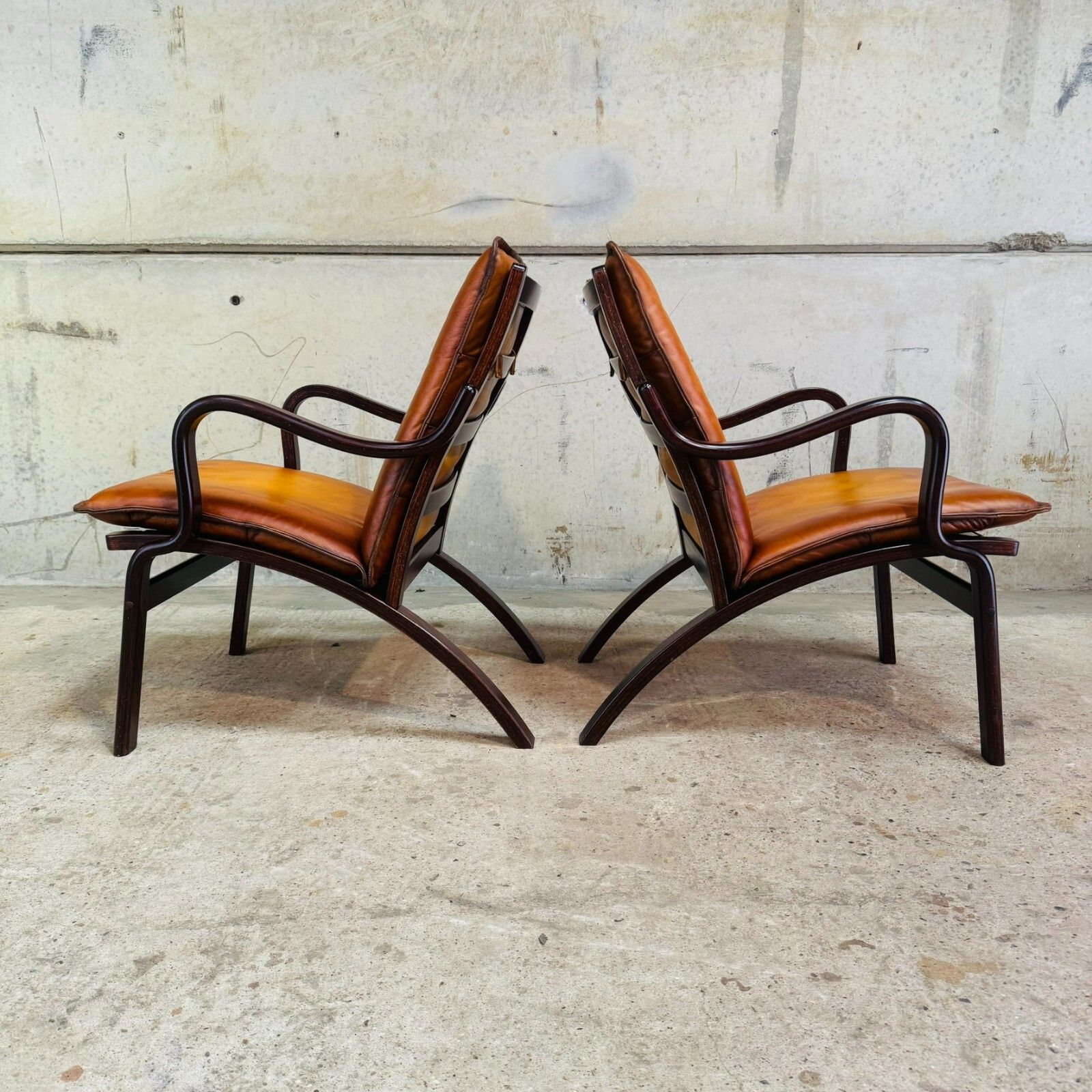 Pair Of Danish Stouby Armchairs – Beech Bentwood Frames, Light Tan Leather #A625 photo for sale