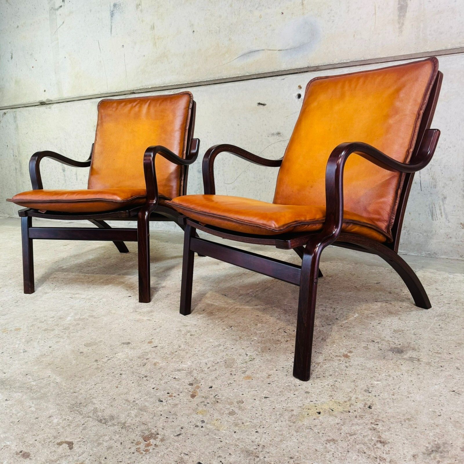 Pair Of Danish Stouby Armchairs – Beech Bentwood Frames, Light Tan Leather #A625 photo Furniture