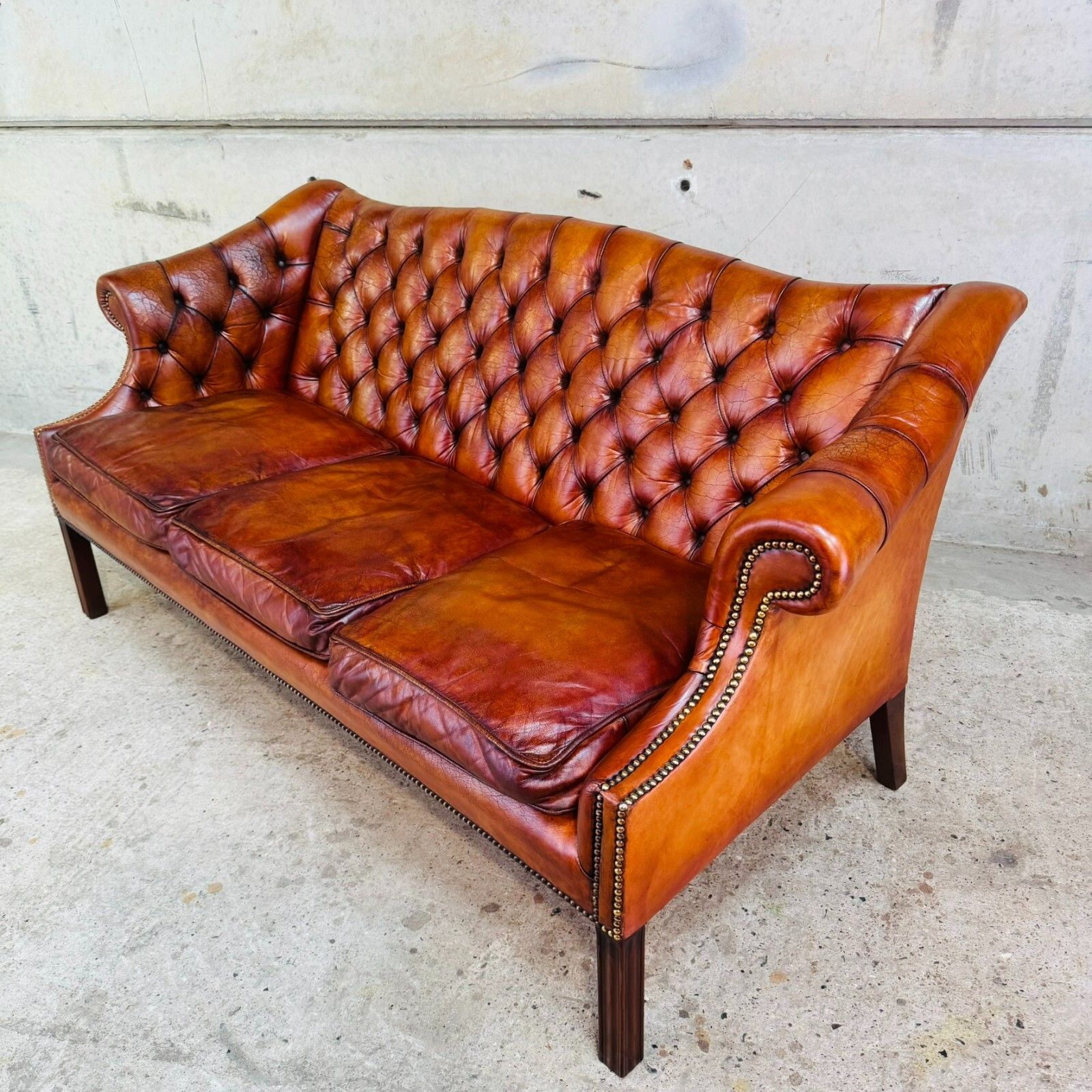 photo for sale Mid Century English Gainsborough Cognac Leather Chesterfield 3 Seater Sofa #A403