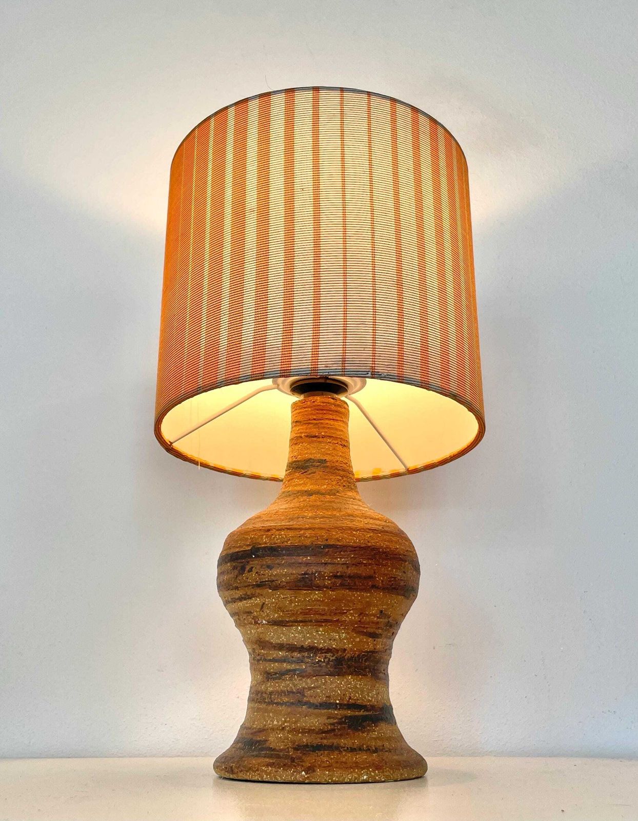Danish Mid Century Modern Vintage Design Ceramic Table Lamp In Organic Shape With Raw Clay And Beautiful Striped Fabric Drum Shade photo furniture