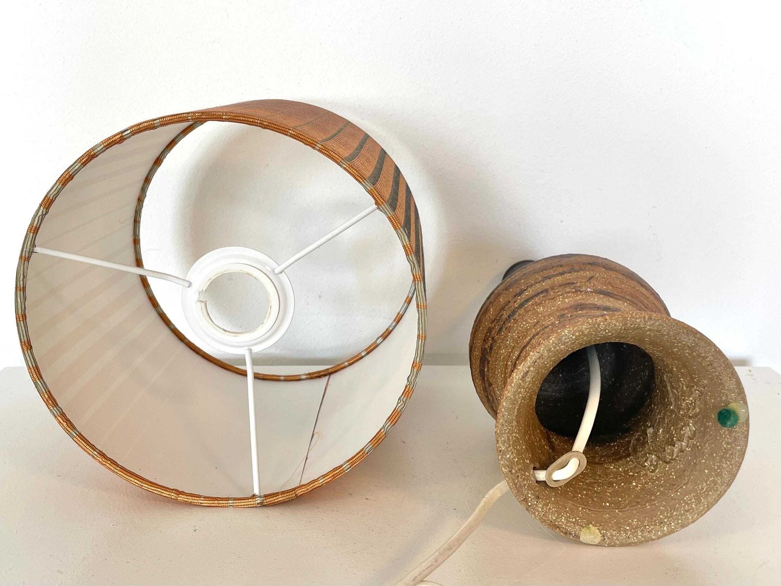 photo for sale Danish Mid Century Modern Vintage Design Ceramic Table Lamp In Organic Shape With Raw Clay And Beautiful Striped Fabric Drum Shade