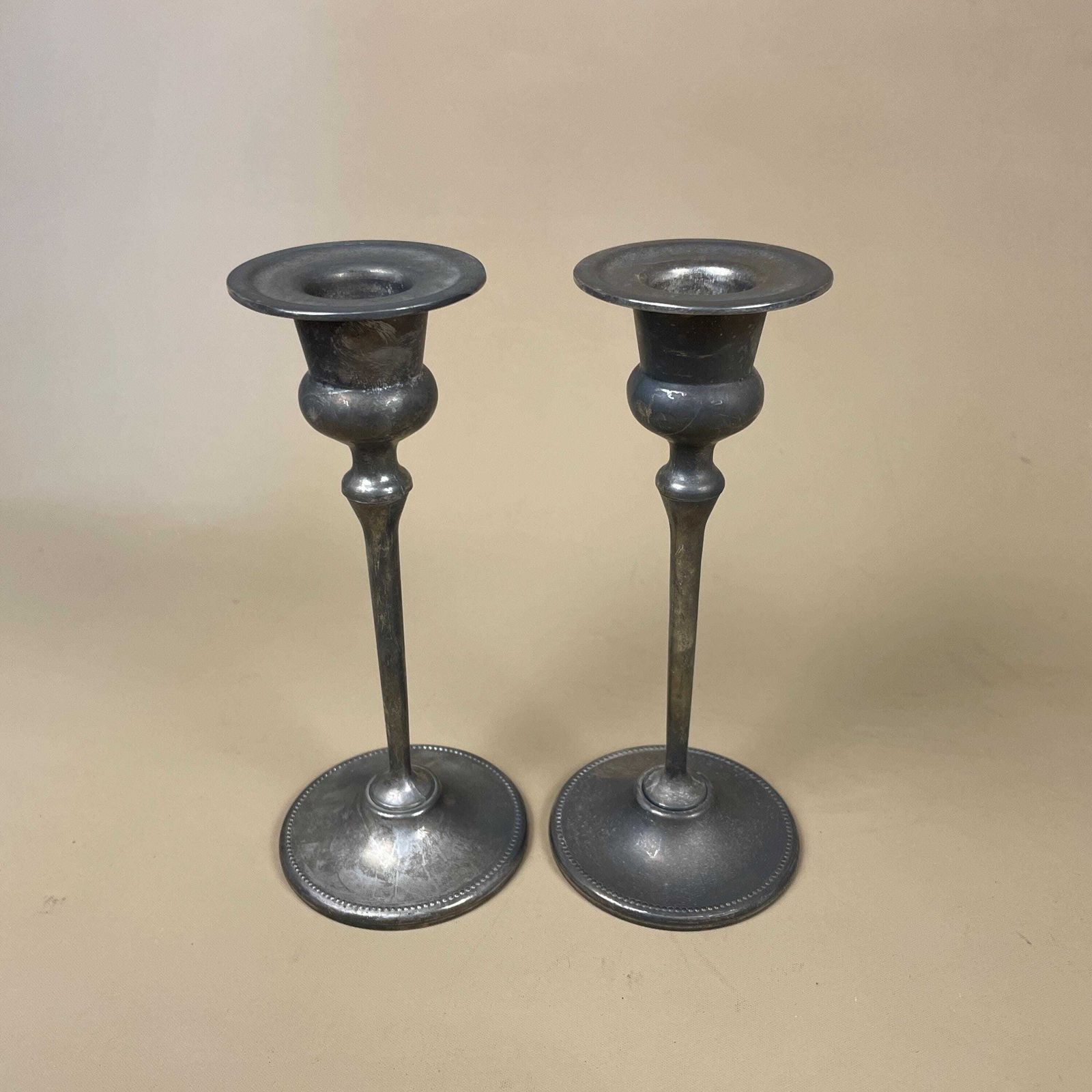 Antique Matching Pair Of Silver Plated Metal Candlestick Candle Stick Vintage Column Taper Dinner Candlesticks Set Round Aged photo for sale