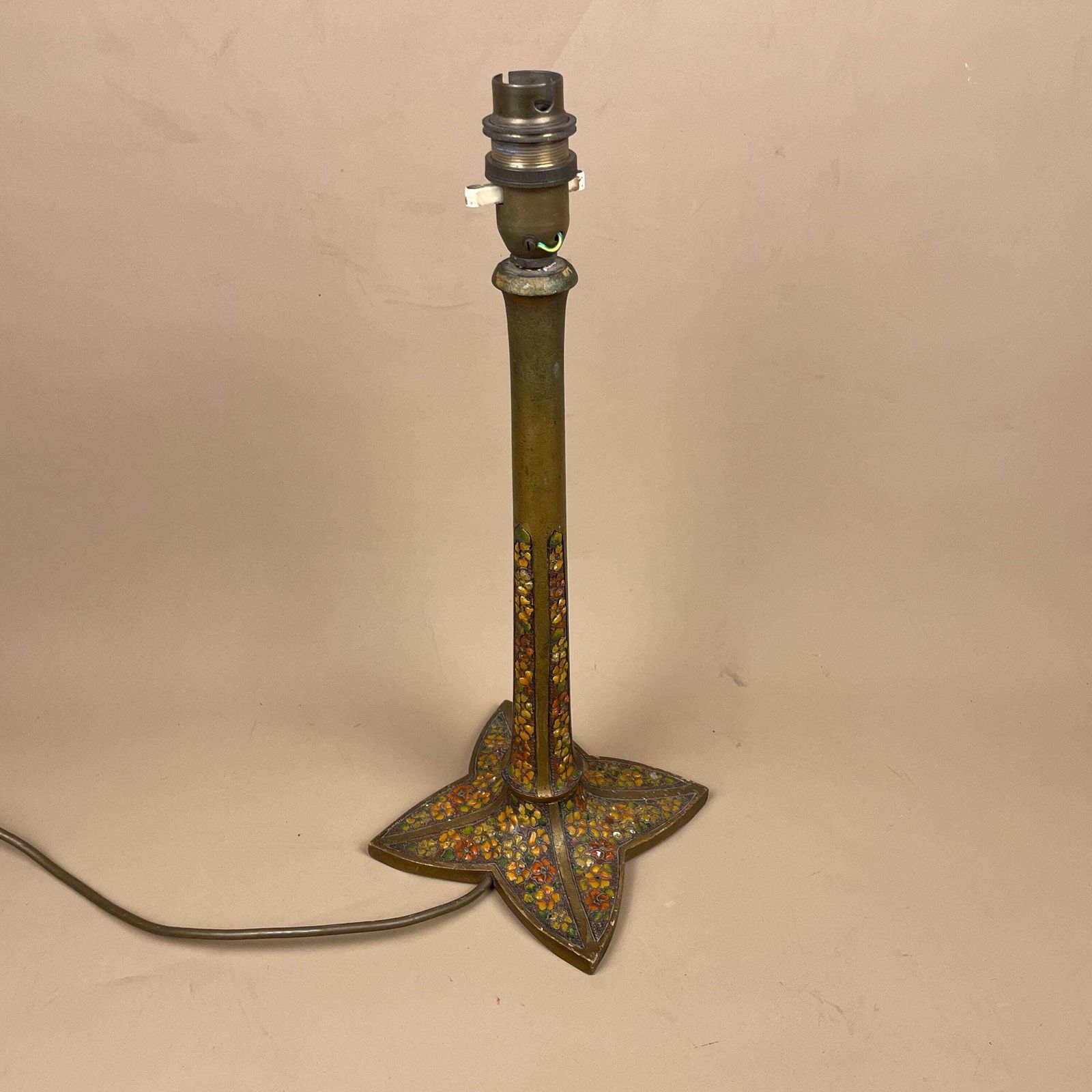 Vintage Antique Wood Lamp Wooden Light Bedside Table Hand Carved Painted Gold Farmhouse Cottage Paint Pattern Handmade Floral photo vinterior
