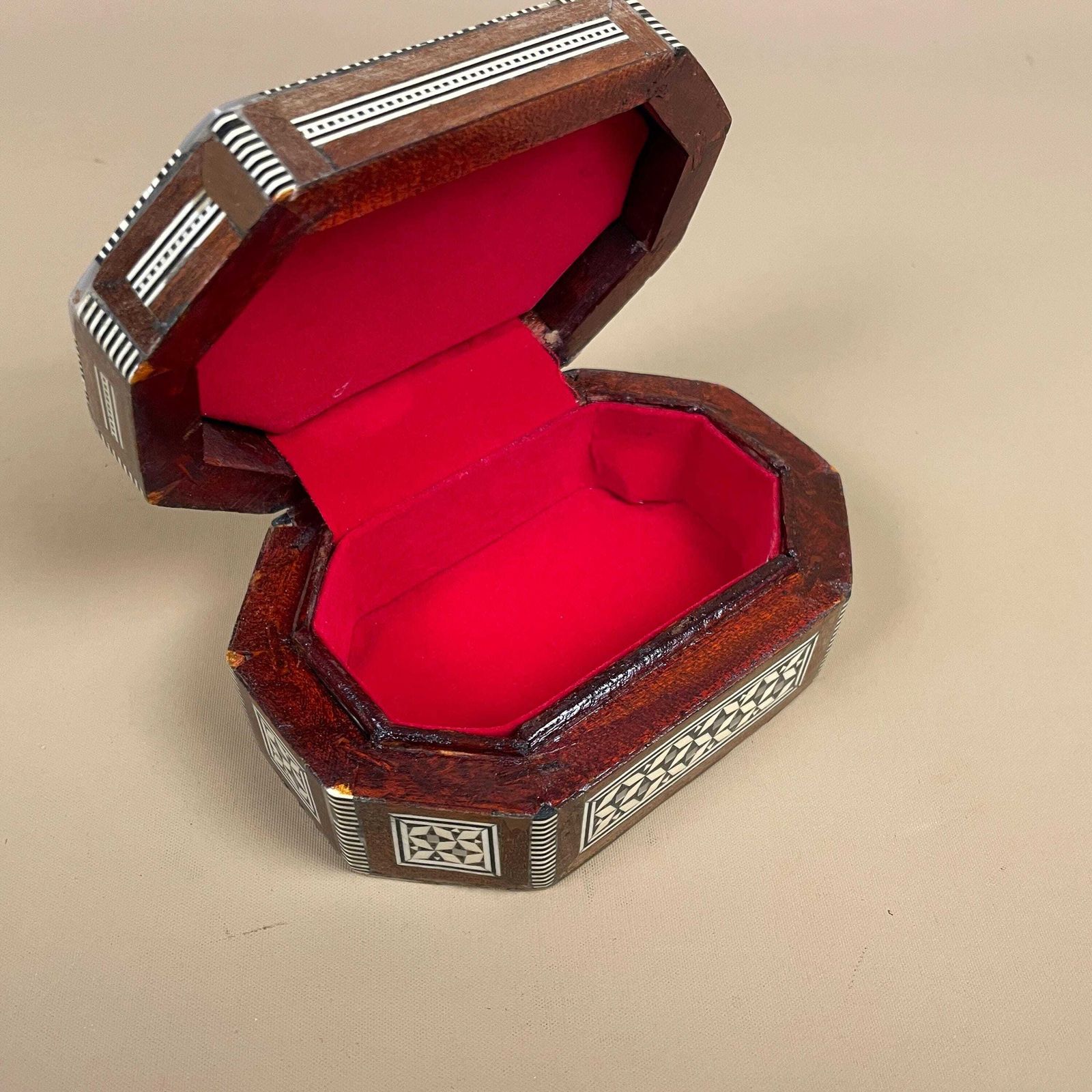 photo for sale Vintage Small Wooden Mother Of Pearl Inlay Box Trinket Jewellery Middle Eastern Red Lining Octagon Lidded Top Lid Patterned Pattern Handmade