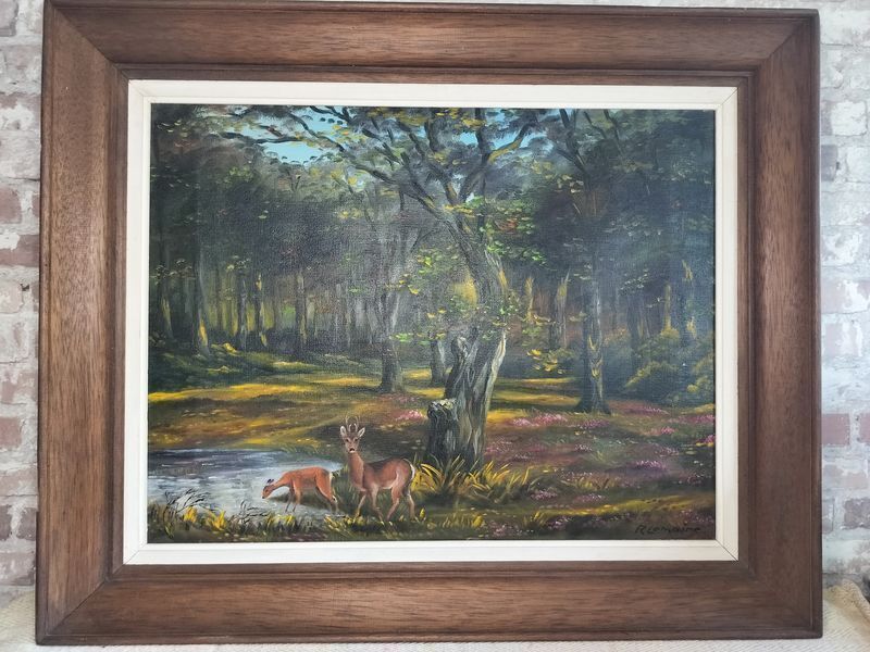 Antique Deer In The Woods Large French Oil Painting