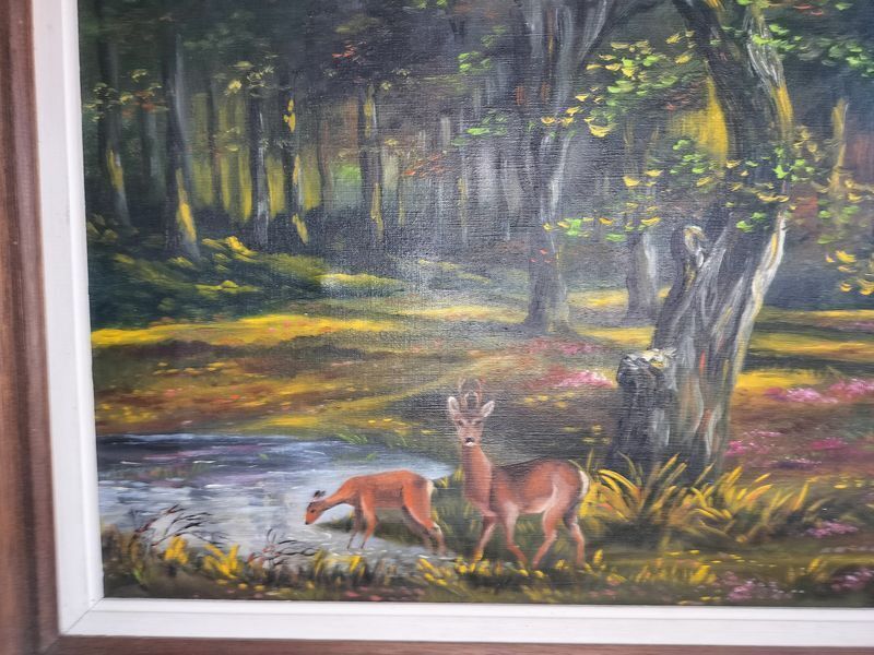 Antique Deer In The Woods Large French Oil Painting photo for sale
