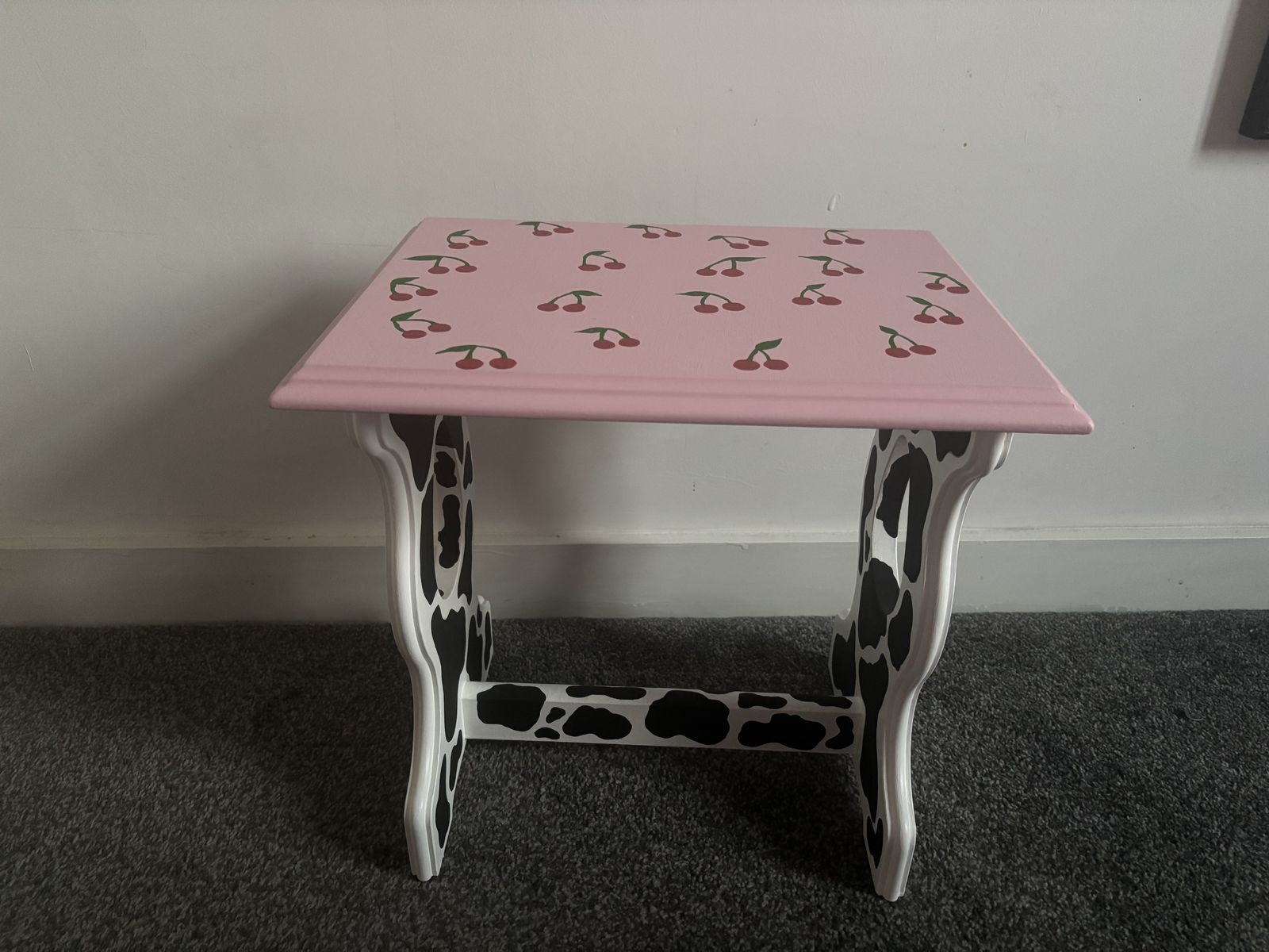 photo furniture 'Cherry Moo' Set Of 3 Hand Painted Stacking Tables | Pink Cow Print With Cherries | Whimsical Farmhouse Flair