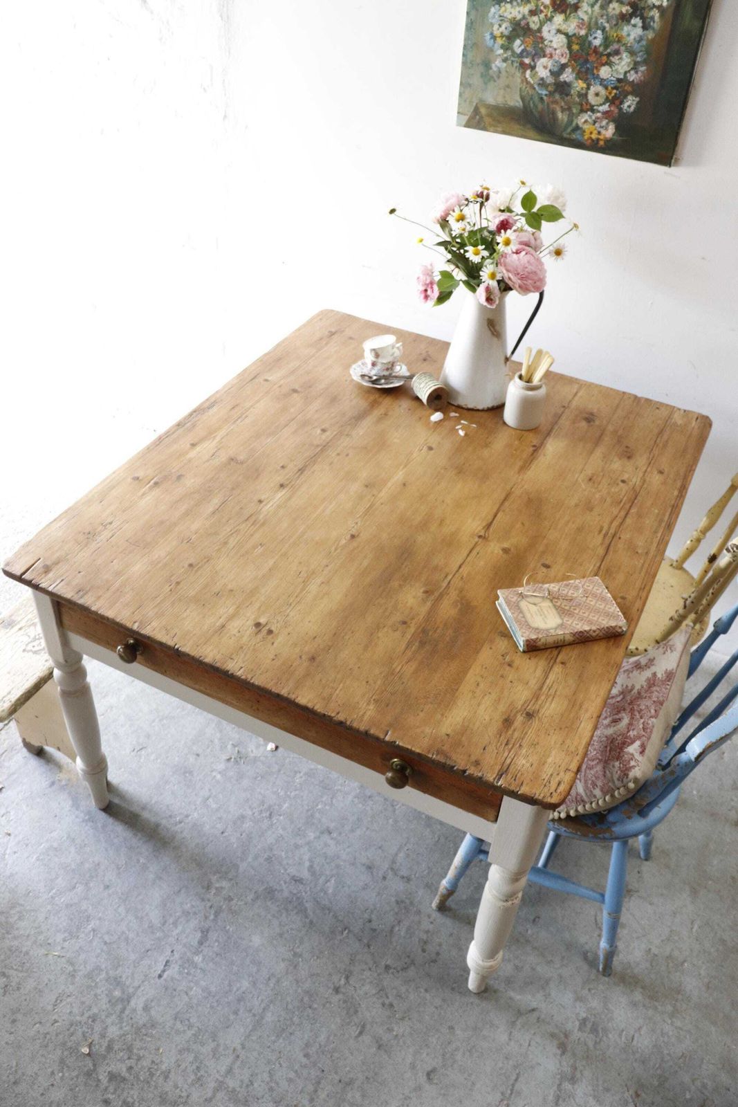Lovely Large Rustic Pine Farmhouse Cream Painted Kitchen Table With Two Cutlery Drawers photo for sale