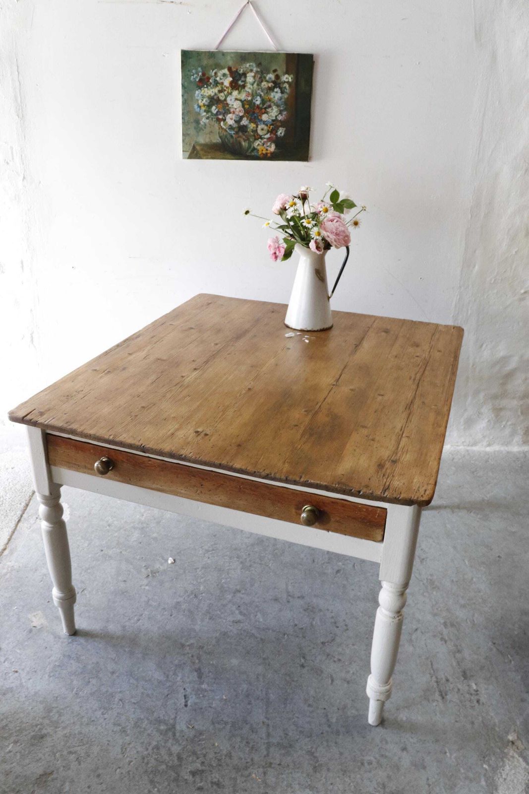 photo furniture Lovely Large Rustic Pine Farmhouse Cream Painted Kitchen Table With Two Cutlery Drawers