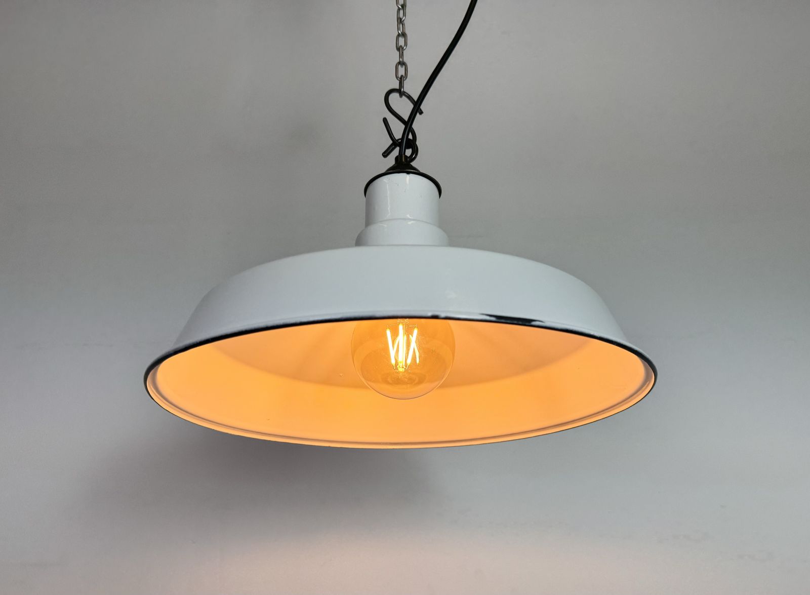 photo for sale Industrial White Enamel Factory Pendant Lamp, 1960s, 4x