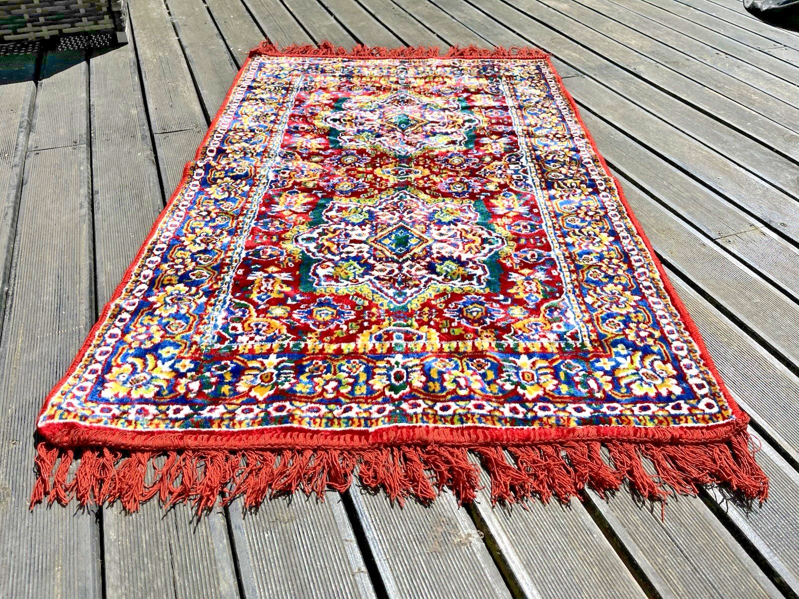 Vintage Handmade Knotted Wool Silk Bakhtiari Turkish Prayer Mat Rug Carpet Boho photo 95.0