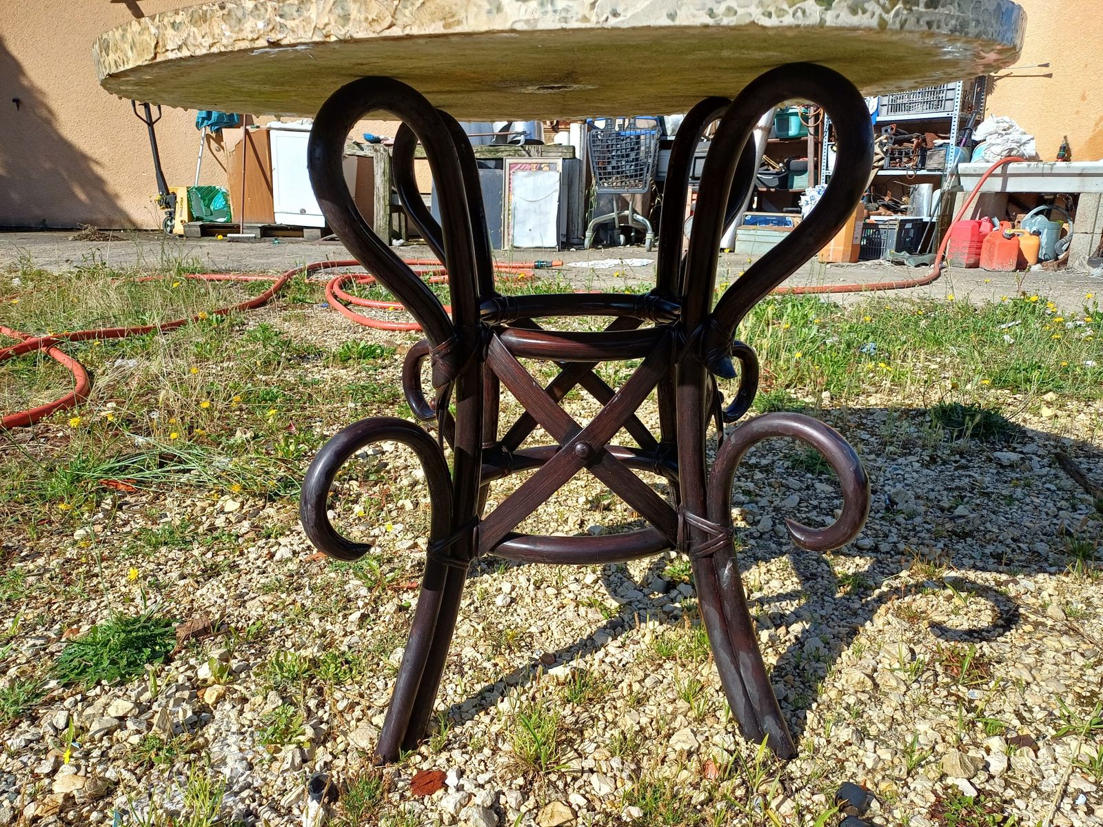 Vintage Rattan Table With Cement And Reconstituted Stone Top photo furniture
