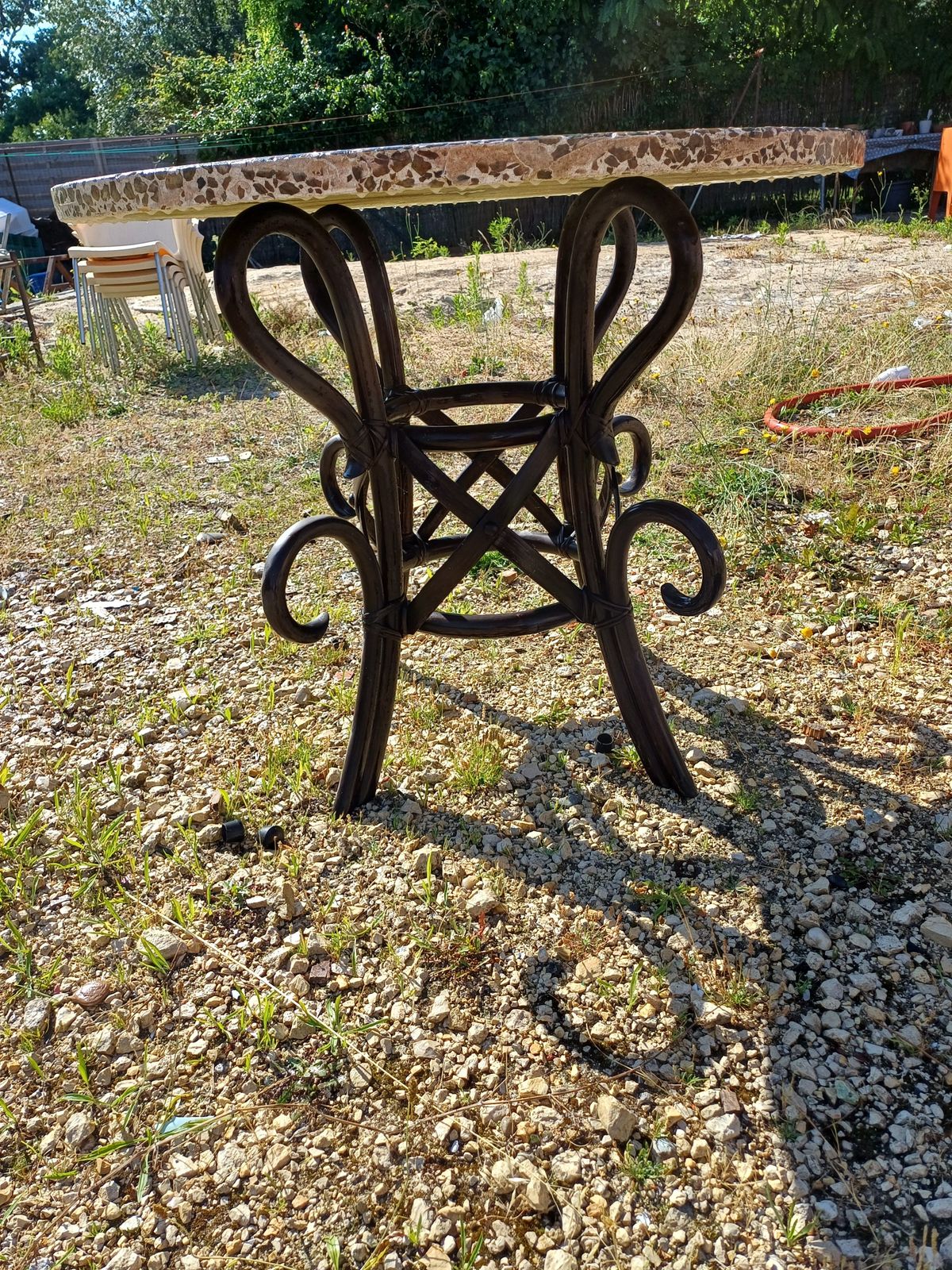 Vintage Rattan Table With Cement And Reconstituted Stone Top photo vinterior