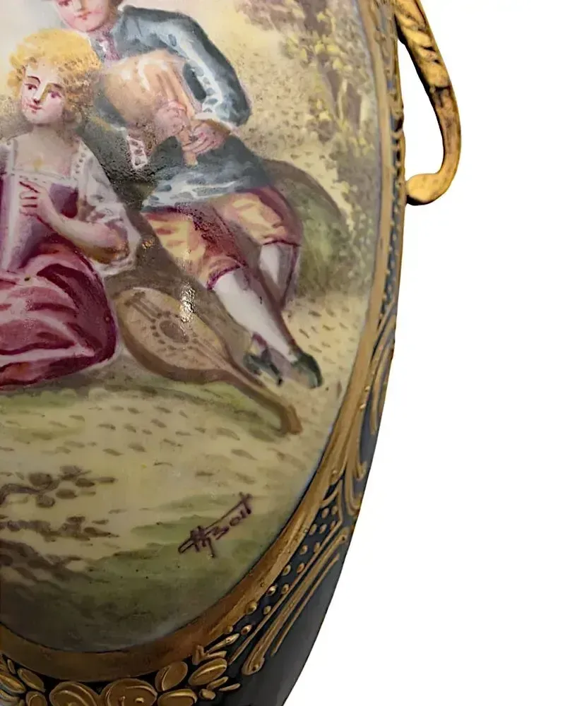 A Very Fine Pair Of 19th Century Hand Painted Sevres Style Lidded Urns photo furniture