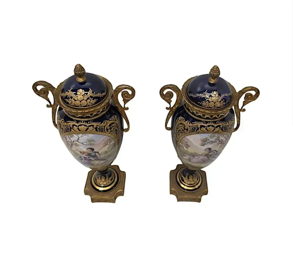 A Very Fine Pair Of 19th Century Hand Painted Sevres Style Lidded Urns photo vinterior