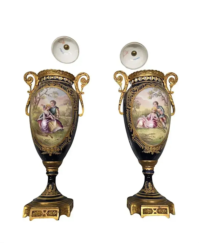 photo for sale A Very Fine Pair Of 19th Century Hand Painted Sevres Style Lidded Urns
