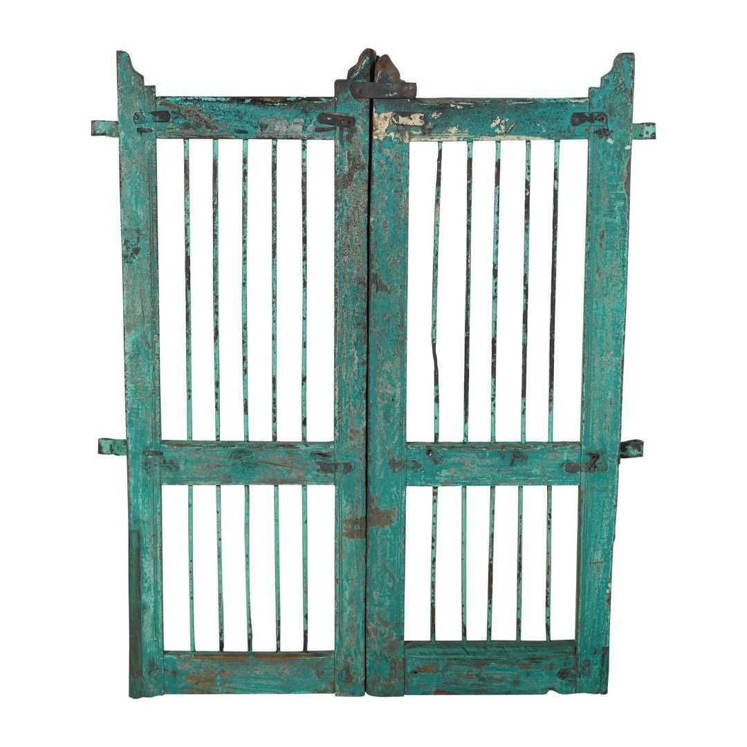 Antique Turquoise Indian Teak Dog Gates – Rustic Garden Gate Pair, 116cm