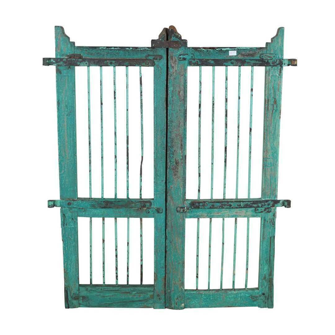 Antique Turquoise Indian Teak Dog Gates – Rustic Garden Gate Pair, 116cm photo for sale